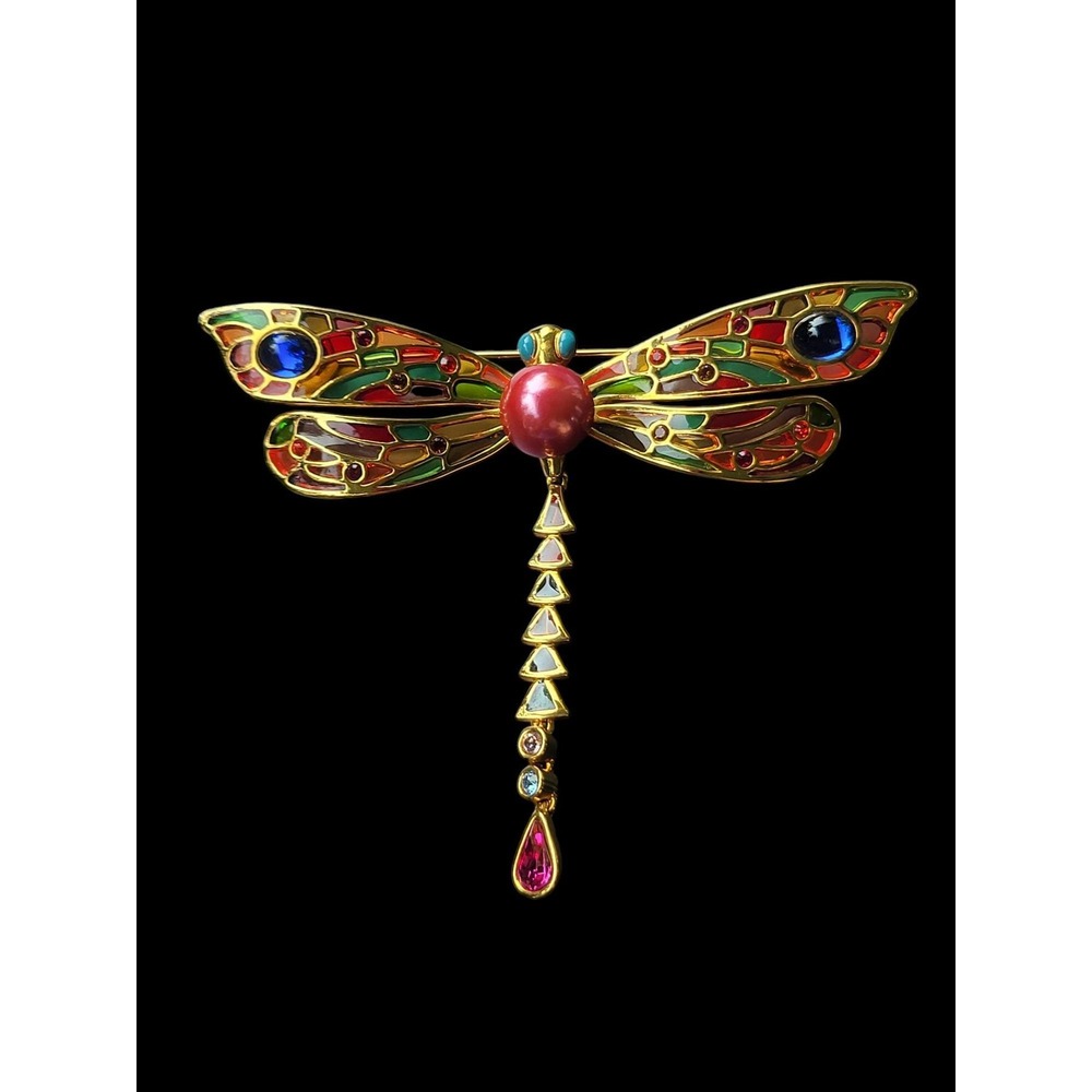 JOAN RIVERS Plique a Jour Dragonfly Brooch Vintage Signed Large Articulated
